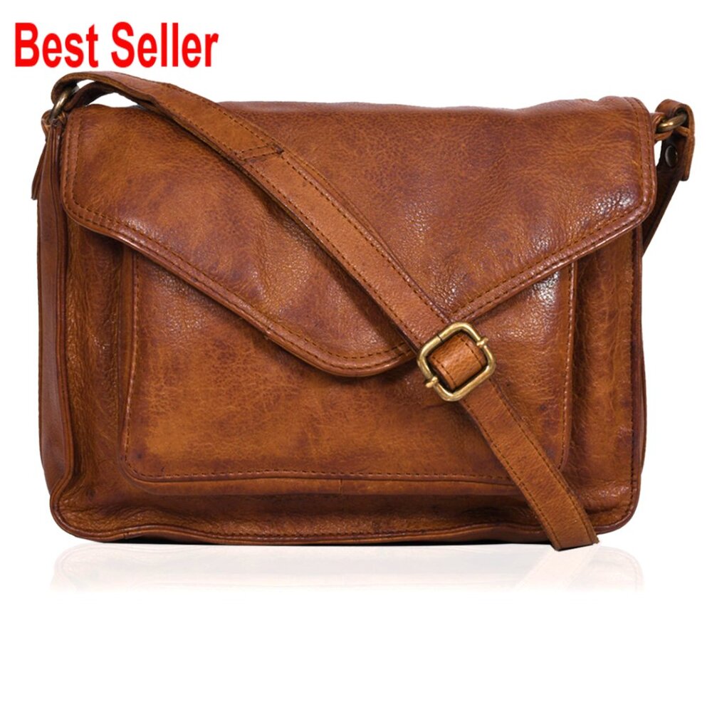 Genuine Leather Crossbody Bag With Adjustable Strap And Snap Closure